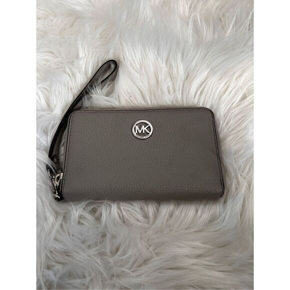 Gray Leather Michael Kors Wallet with strap clutch - Picture 1 of 9